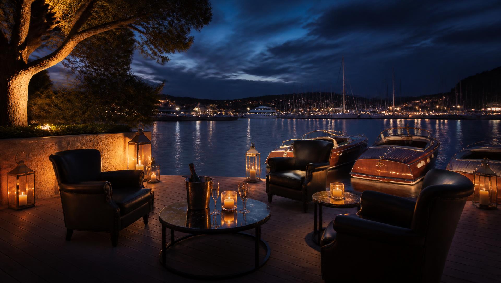 Evening harbour terrace at golden hour in the GALLON campaign mood