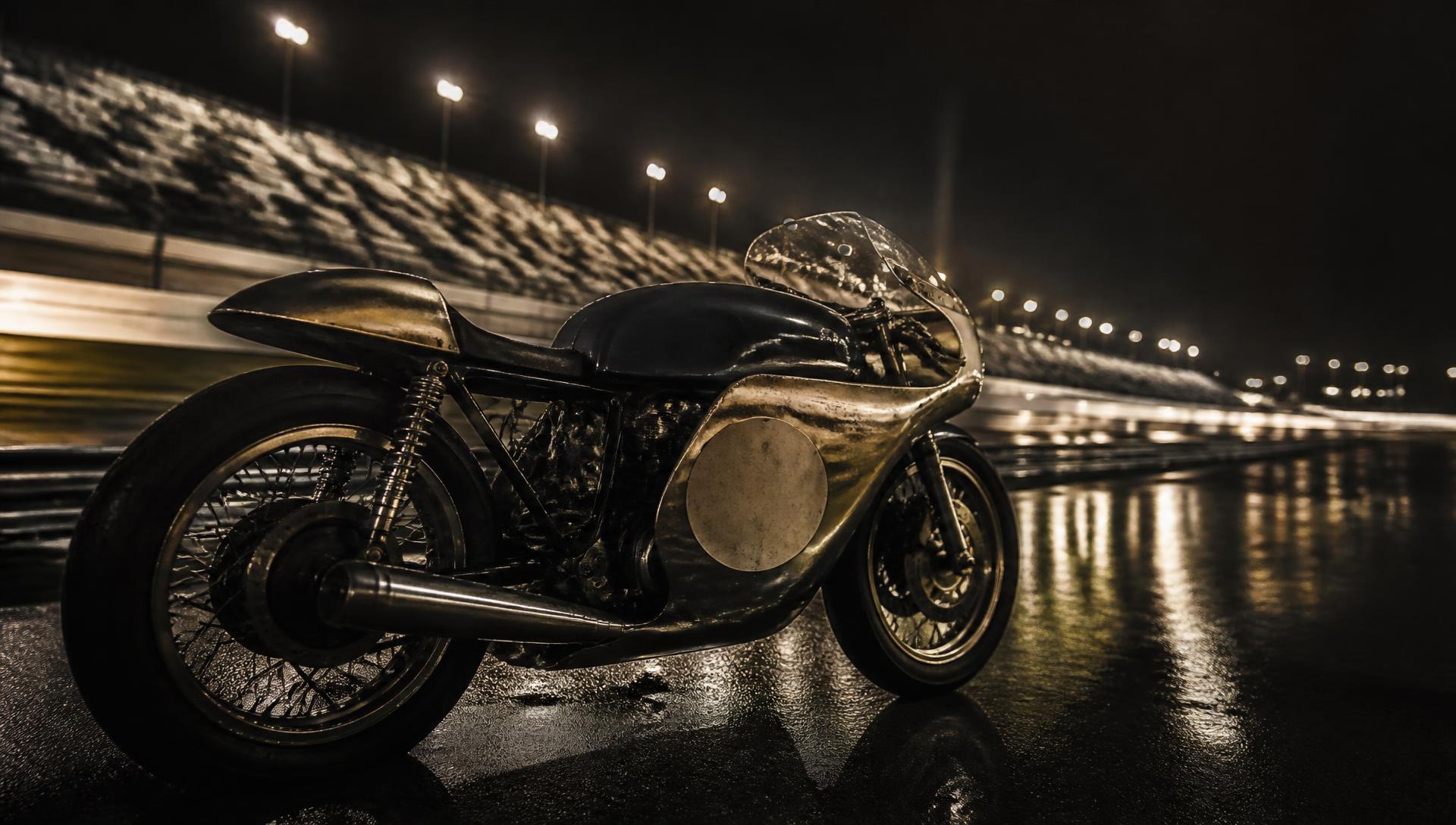 Vintage racing motorcycle on the Daytona banking at night