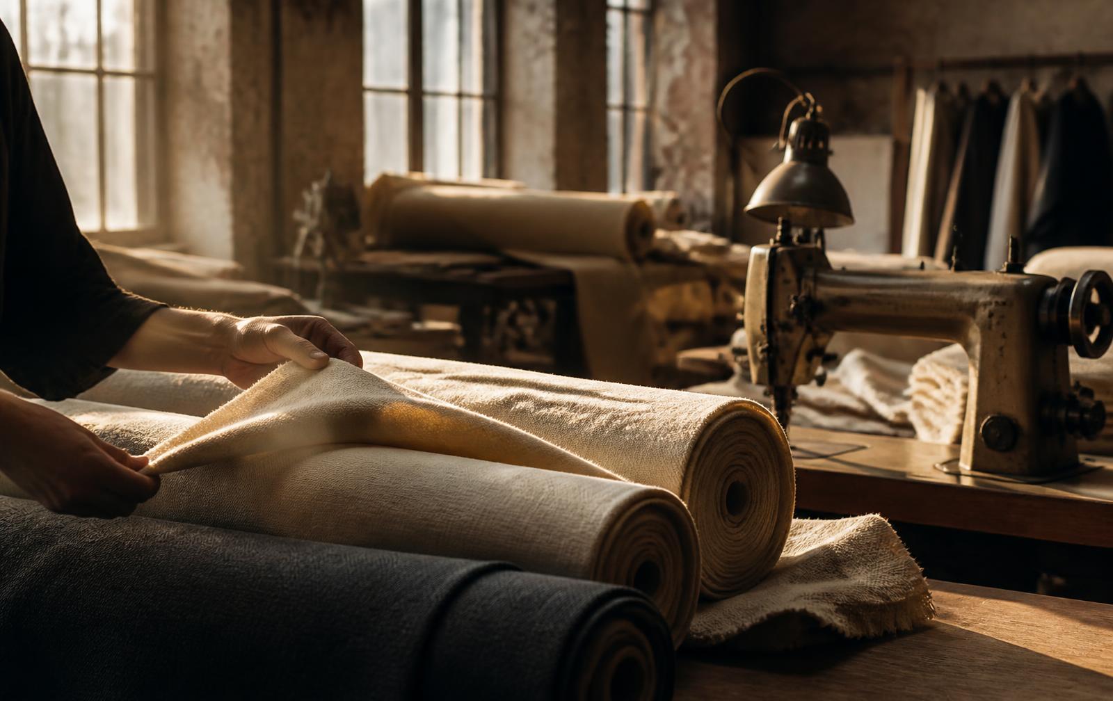 Hands inspecting heavyweight cotton in an artisan atelier