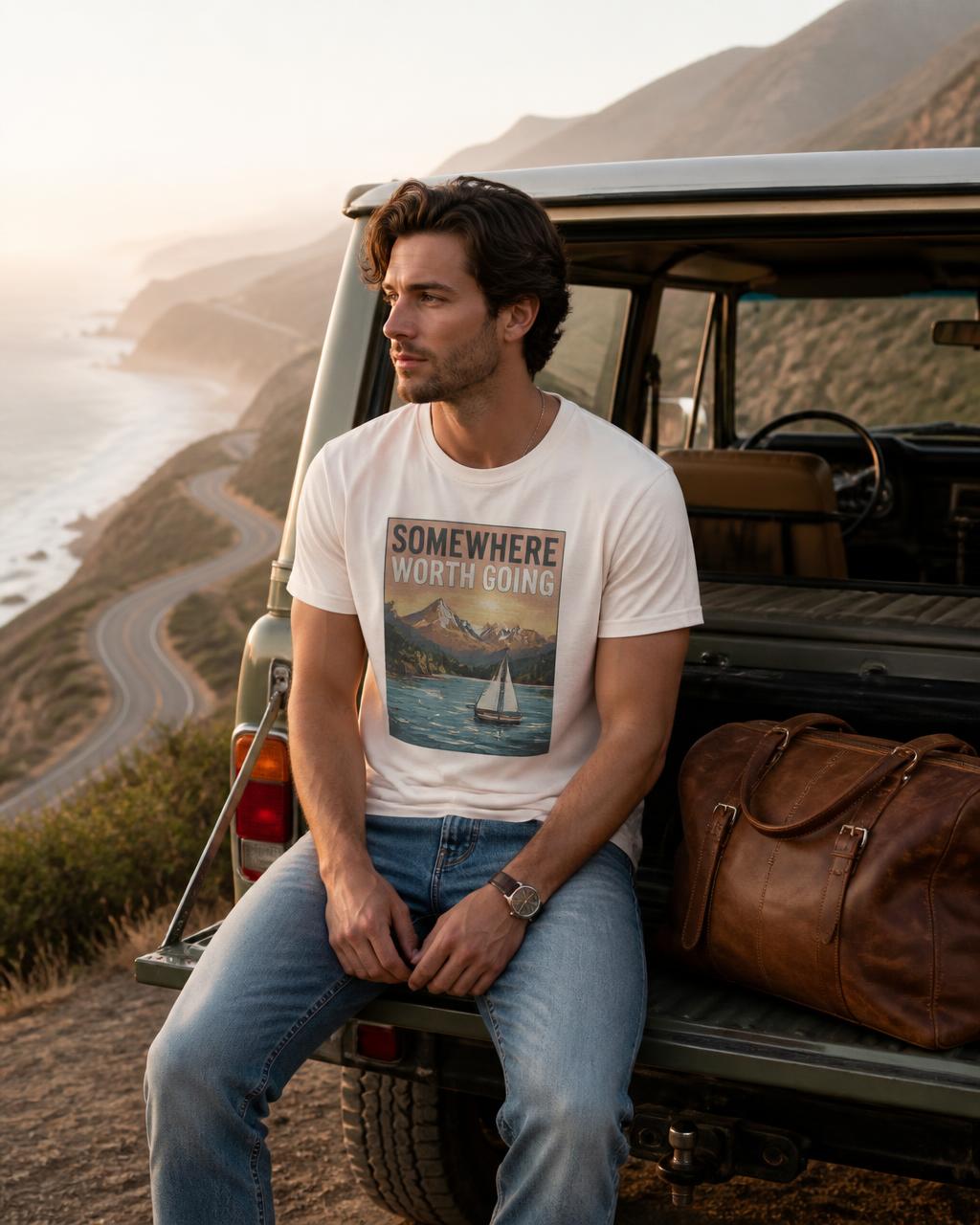 Somewhere Worth Going Tee — GALLON JEANS lifestyle campaign image