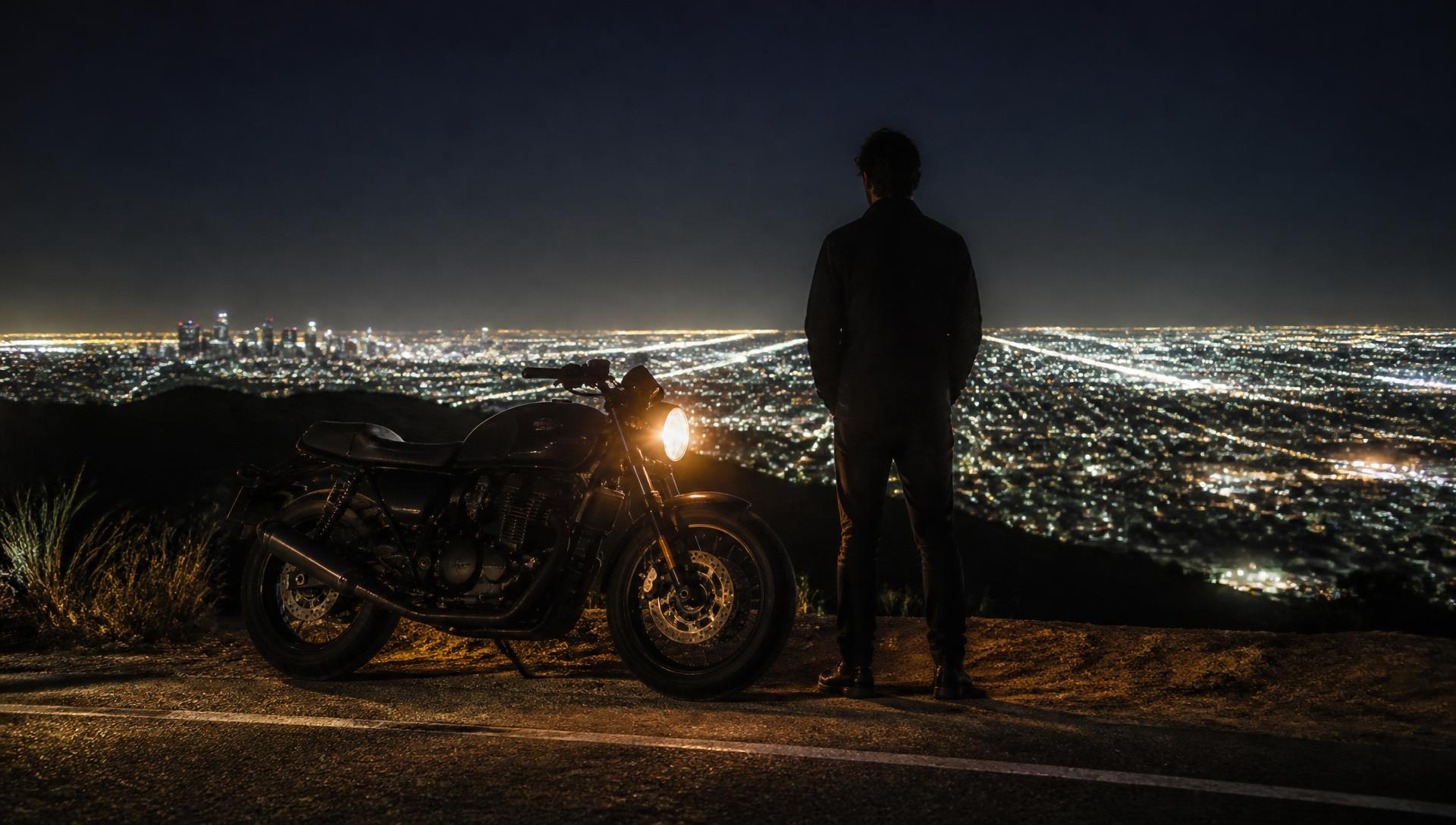 Motorcycle on a canyon road above the lights of Los Angeles at night