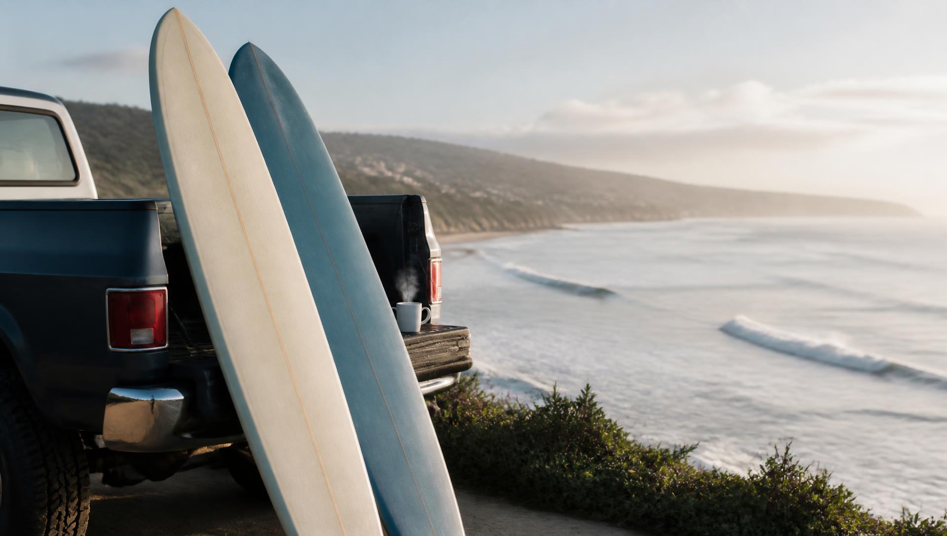 Longboards leaning on a tailgate above a Malibu point break at first light