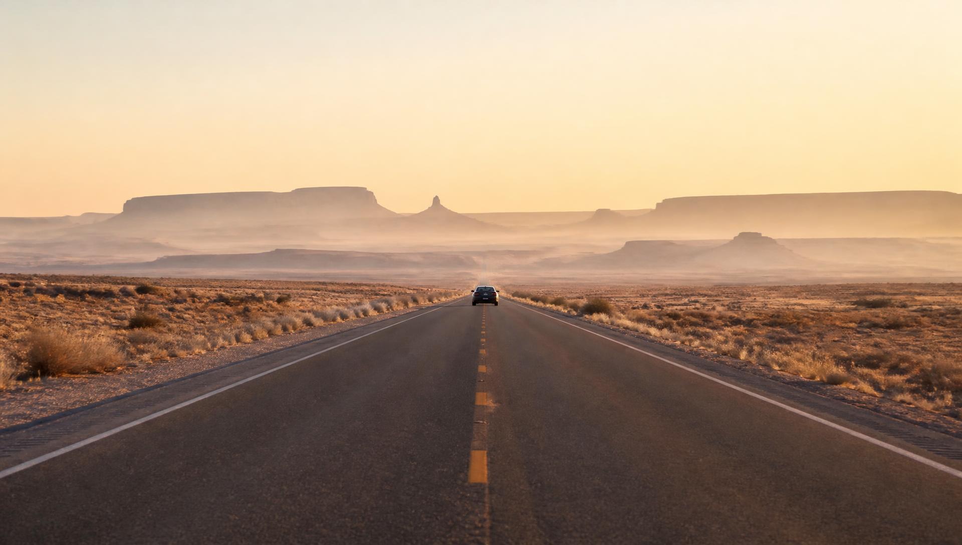 Straight desert highway running toward the horizon in warm morning light