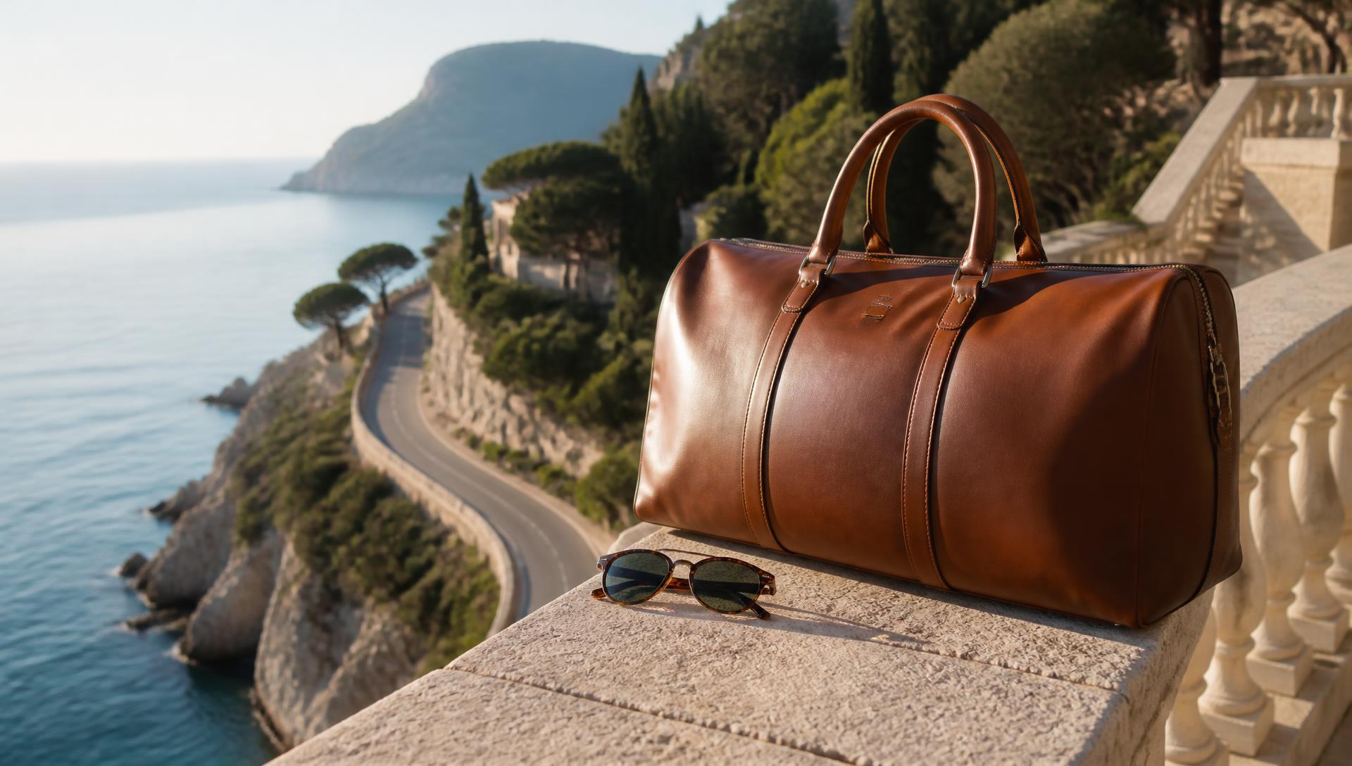 Leather weekend bag on a stone terrace with a coast road below